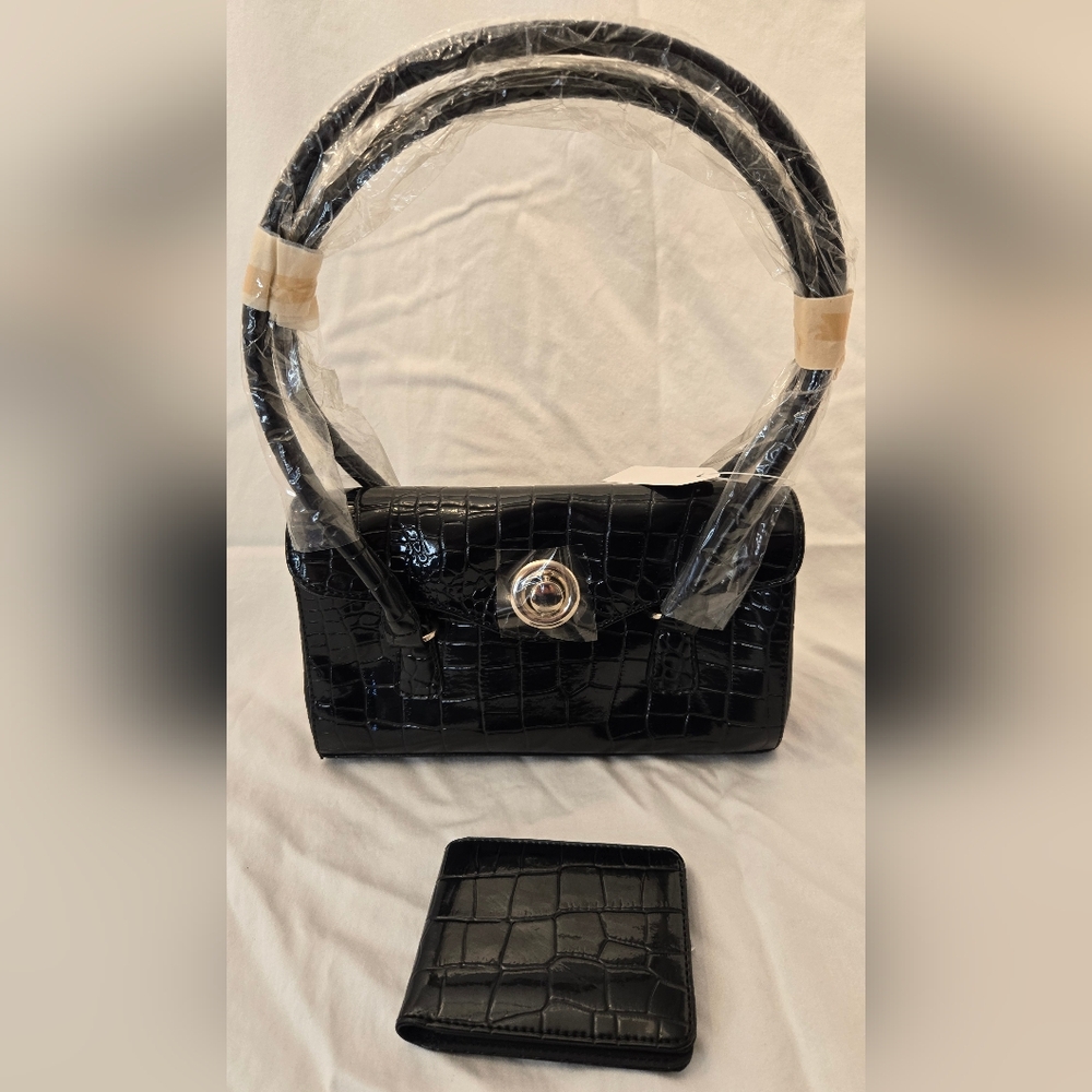 Black Crocodile-Embossed Shoulder Bag